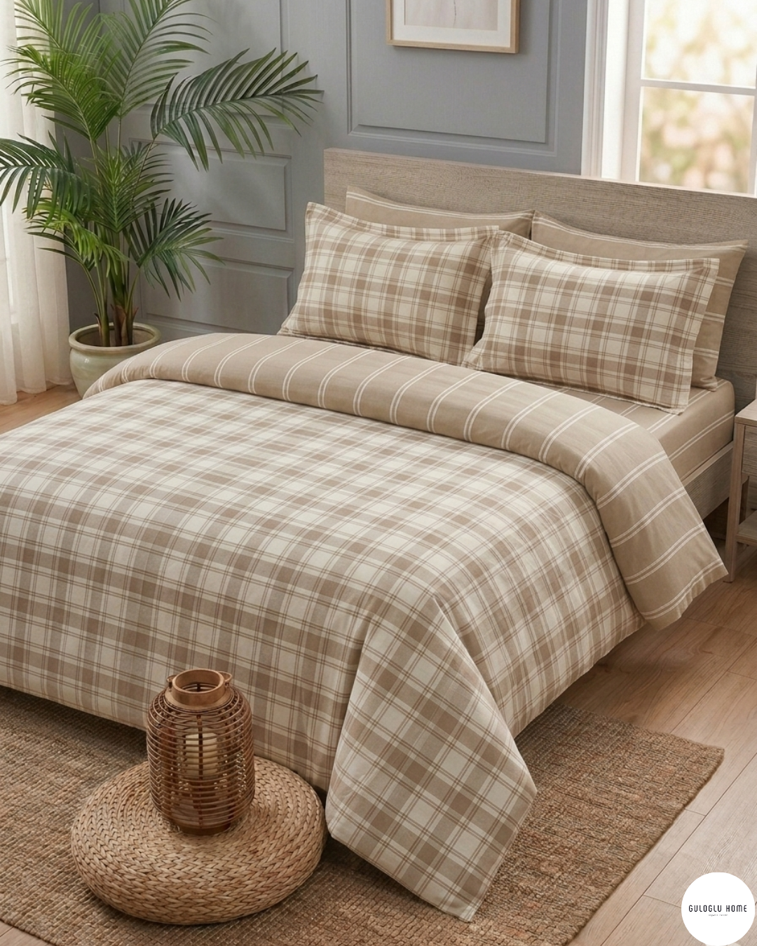 %100 Pamuklu Çift Kişilik Ekose Lines Nevresim Takımı 200x220 Cm Bej
