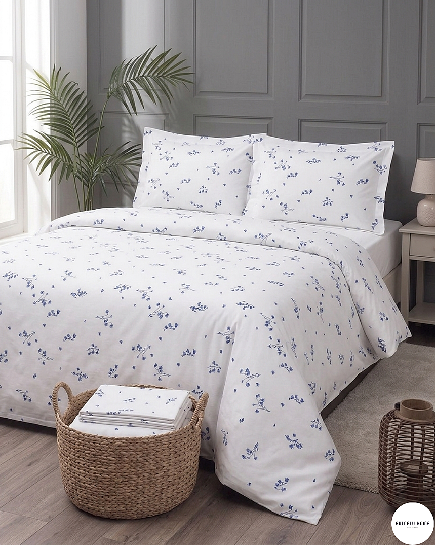 %100 Pamuklu Çift Kişilik Blue Flora Nevresim Takımı - 2
