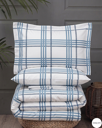 %100 Pamuklu Çift Kişilik Ekose Nevresim Takımı 200x220 Cm Mavi