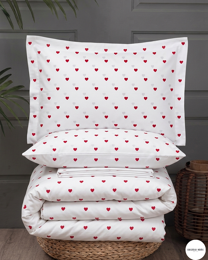 %100 Pamuklu Çift Kişilik Kalpli Nevresim Takımı 200x220 Cm - 1