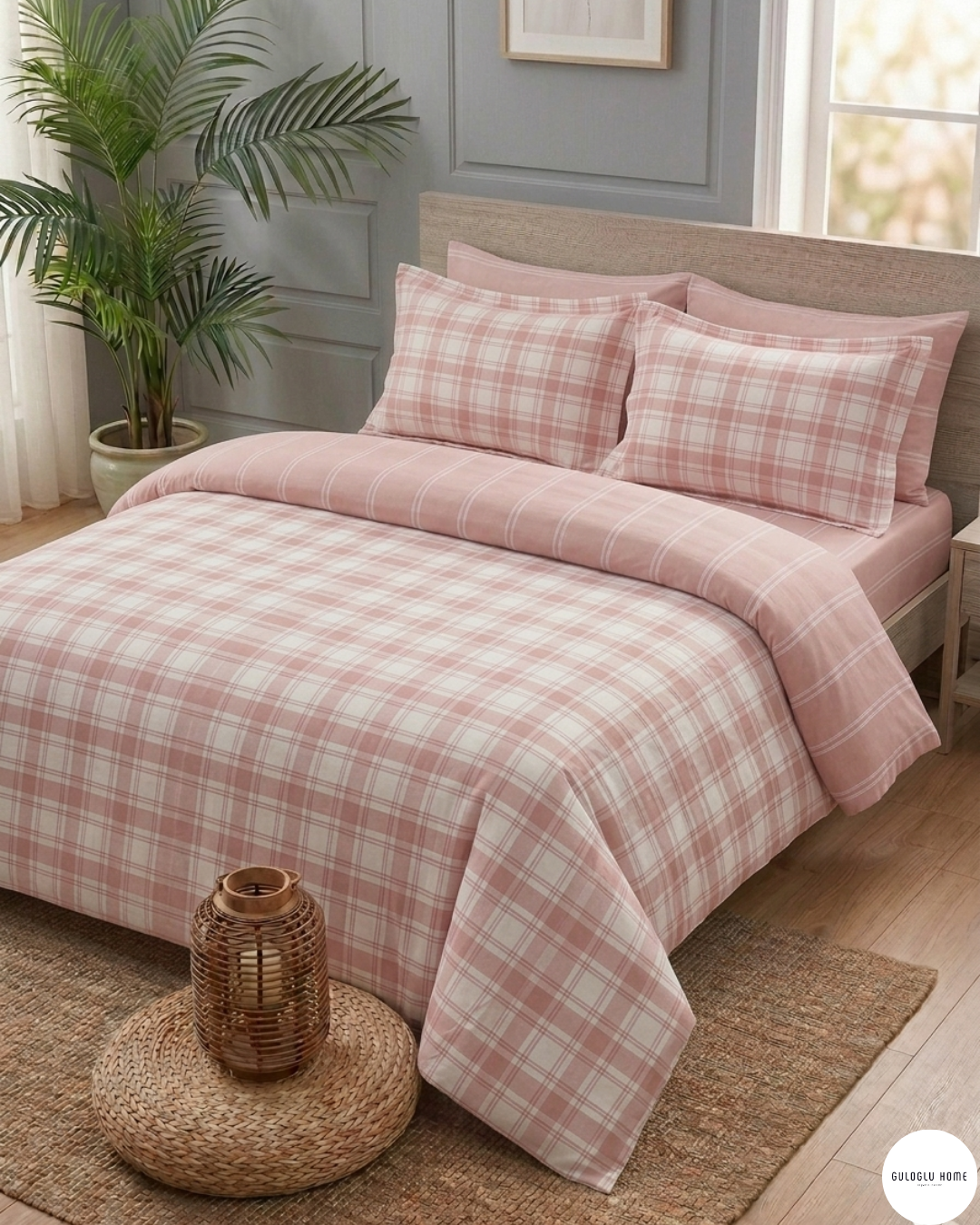 %100 Pamuklu Tek Kişilik Ekose Lines Nevresim Takımı 160x220 Cm Pembe