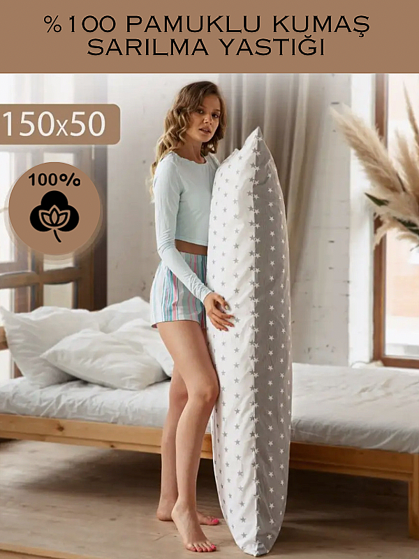 %100 Pamuklu Yıldızlı Desen Çift Yönlü Yumuşacık Vücut Sarılma Yastığı 50x150 Cm - 7
